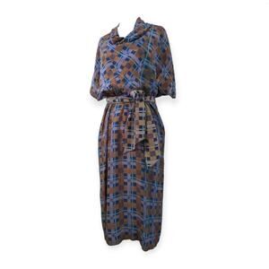 Vintage Silk Frances Henaghan Windowpane Sash Belted Blouson Dress